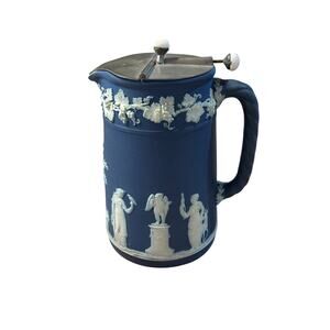 Antique Wedgwood Portland Blue Jasperware Syrup Pitcher Martin’s Lid 6.5"